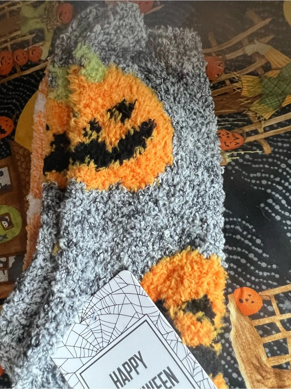 Happy Halloween Fuzzy Pumpkin Socks - Gray & Orange (3 Pack)